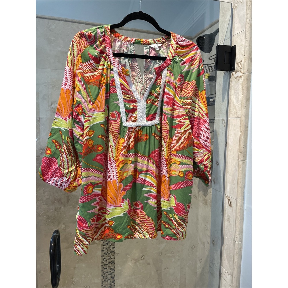 Crown & Ivy Women Boho Blouse Artsy Watercolor Print Tunic V-Neck Rayon XL